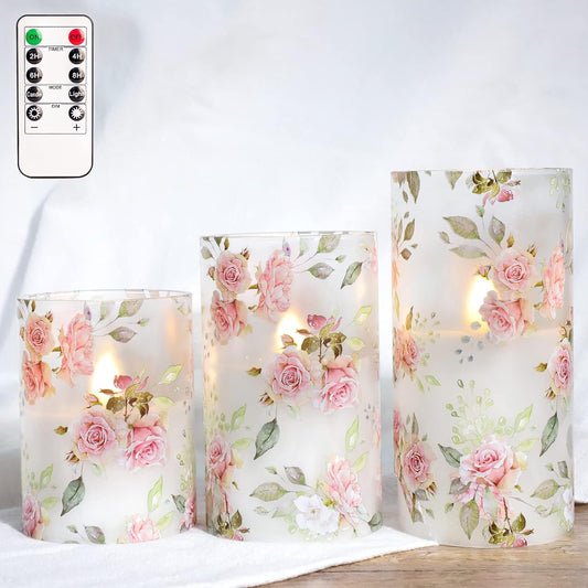 Rose Flameless Candles Love Theme Glass Tumbler Pink LED Candles with Remote - Home Wedding Bedroom Botanical Room Christmas Spring Decor - Set of 3