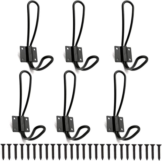 Rustic Farmhouse Entryway Hooks 6 Pack Decorative Vintage Hangers Wall Mounted Hard Antique Industrial Heavy Duty Hook Set Double Farmhouse Utility Hook Set Best for Clothes Hanger (Black)